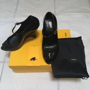 Fendi Black Patent Mary-Jane Peep-Toe Wedge Pumps